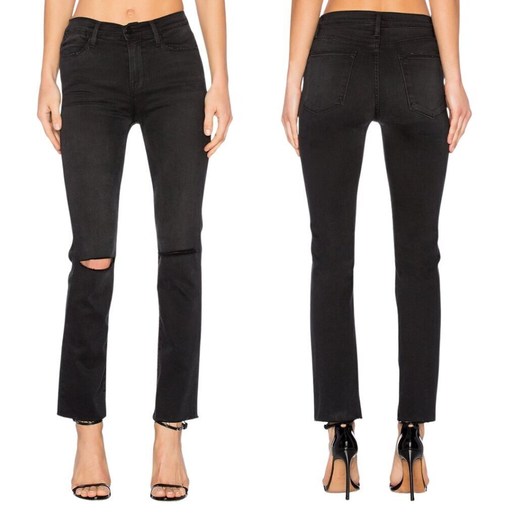 Frame Le High Straight Leg Denim Jeans Womens 26 Molony Black Distressed Raw Hem